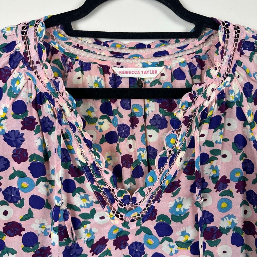 Rebecca Taylor Silk Floral Long Sleeve Blouse Pink Purple Romantic Top Size 4 - Picture 2 of 9